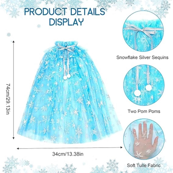 BFS   Karlar Ülkesi Elsa Frozen Mavi Pelerin – 80 cm Kar Desenli Çocuk Pelerini ( Taç Hariç )