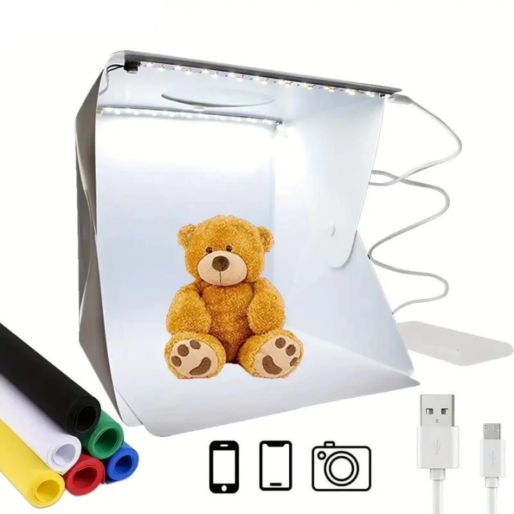 BFS  Katlanır Işıklı Fotoğraf Stüdyosu 40x40 cm 6 Renk Fonlu Ürün Çekimi İçin Uygun Fotoğraf Çekim Kutusu