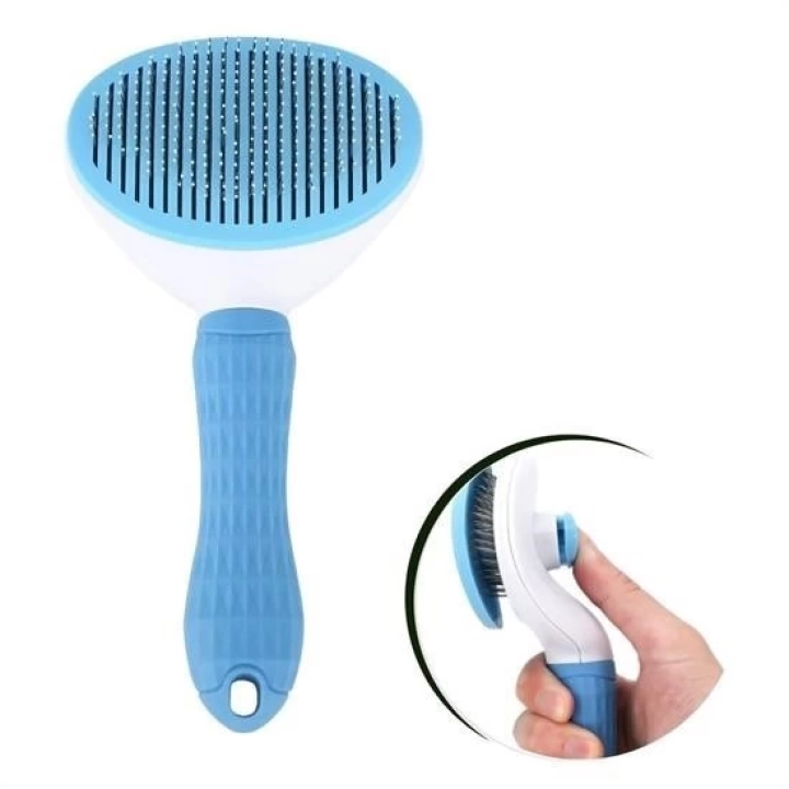 BFS  Kedi Köpek Tüy Toplayıcı Kendini Temizleyebilen Ergonomik Saplı Evcil Hayvan Tarağı Mavi