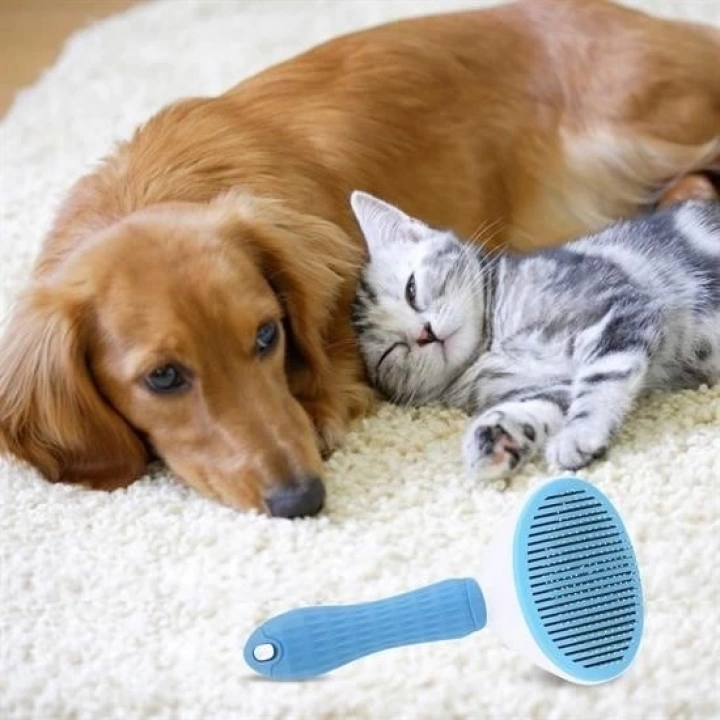 BFS  Kedi Köpek Tüy Toplayıcı Kendini Temizleyebilen Ergonomik Saplı Evcil Hayvan Tarağı Mavi
