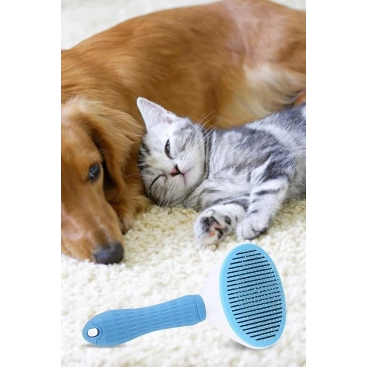 BFS  Kedi Köpek Tüy Toplayıcı Kendini Temizleyebilen Ergonomik Saplı Evcil Hayvan Tarağı Mavi