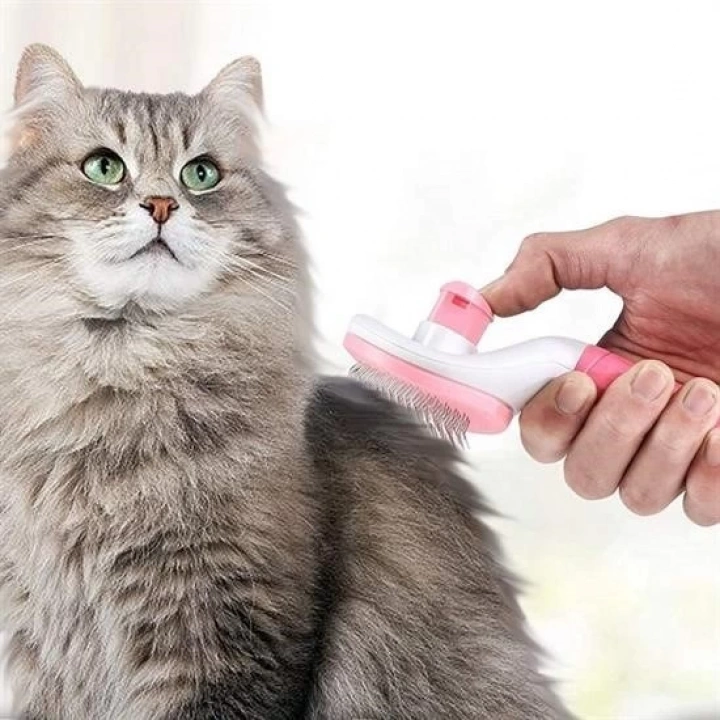 BFS  Kedi Köpek Tüy Toplayıcı Kendini Temizleyebilen Ergonomik Saplı Evcil Hayvan Tarağı Pembe