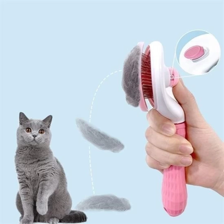 BFS  Kedi Köpek Tüy Toplayıcı Kendini Temizleyebilen Ergonomik Saplı Evcil Hayvan Tarağı Pembe