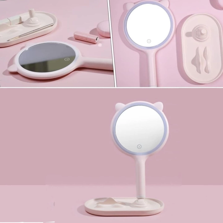 BFS  Kedi Kulaklı Telefon Standlı Yuvarlak Dokunmatik Led Ayarlı Masa Üstü Makyaj Aynası