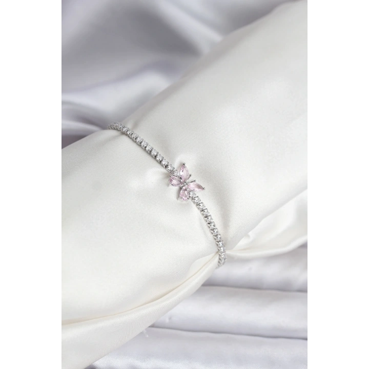 BFS Kelebek Model Zirkon Taşlı Gümüş Renk Pirinç Su Yolu Kadın Bileklik