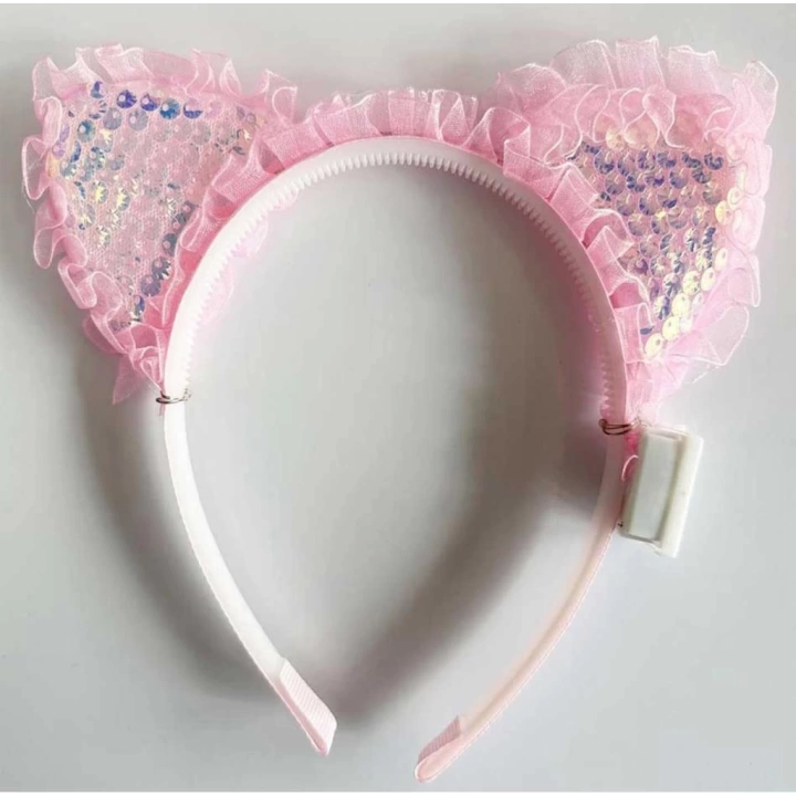 BFS     Kenarları Dantelli Pembe Pullu Payetli Led Işıklı Kedi Kulak Taç 17x19 cm
