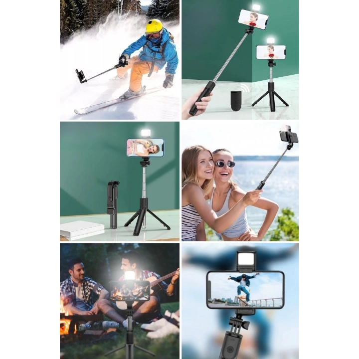 BFS  Kendiliğinden Işıklı Masaüstü Tripod Olabilen Telefon Tutuculu Kablosuz Kumandalı Selfie Çubuğu