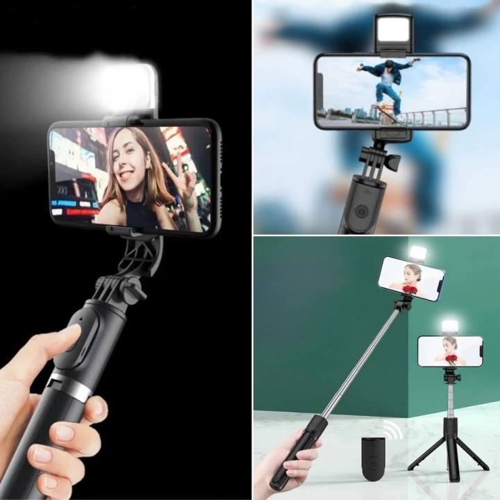 BFS  Kendiliğinden Işıklı Masaüstü Tripod Olabilen Telefon Tutuculu Kablosuz Kumandalı Selfie Çubuğu