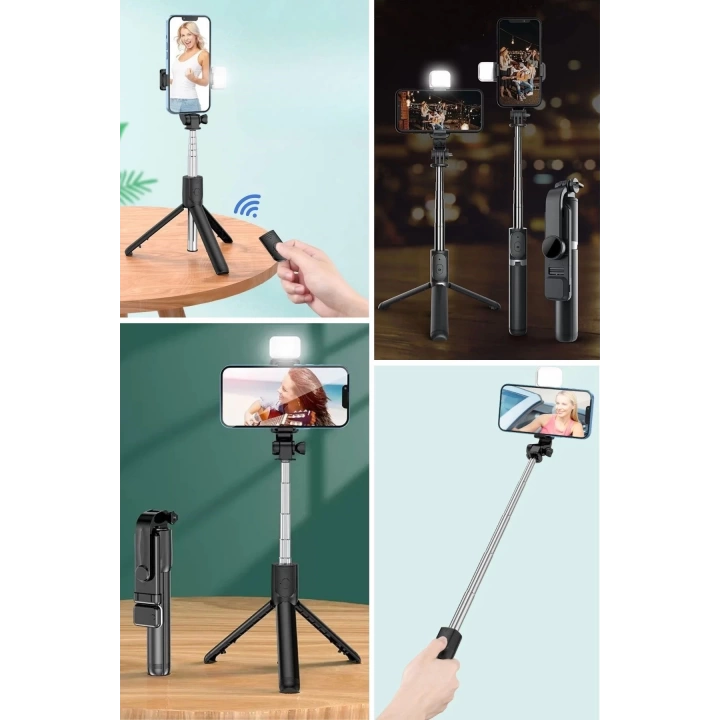 BFS  Kendiliğinden Işıklı Masaüstü Tripod Olabilen Telefon Tutuculu Kablosuz Kumandalı Selfie Çubuğu