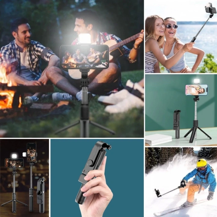 BFS  Kendiliğinden Işıklı Masaüstü Tripod Olabilen Telefon Tutuculu Kablosuz Kumandalı Selfie Çubuğu