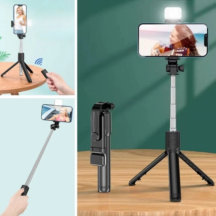 BFS  Kendiliğinden Işıklı Masaüstü Tripod Olabilen Telefon Tutuculu Kablosuz Kumandalı Selfie Çubuğu