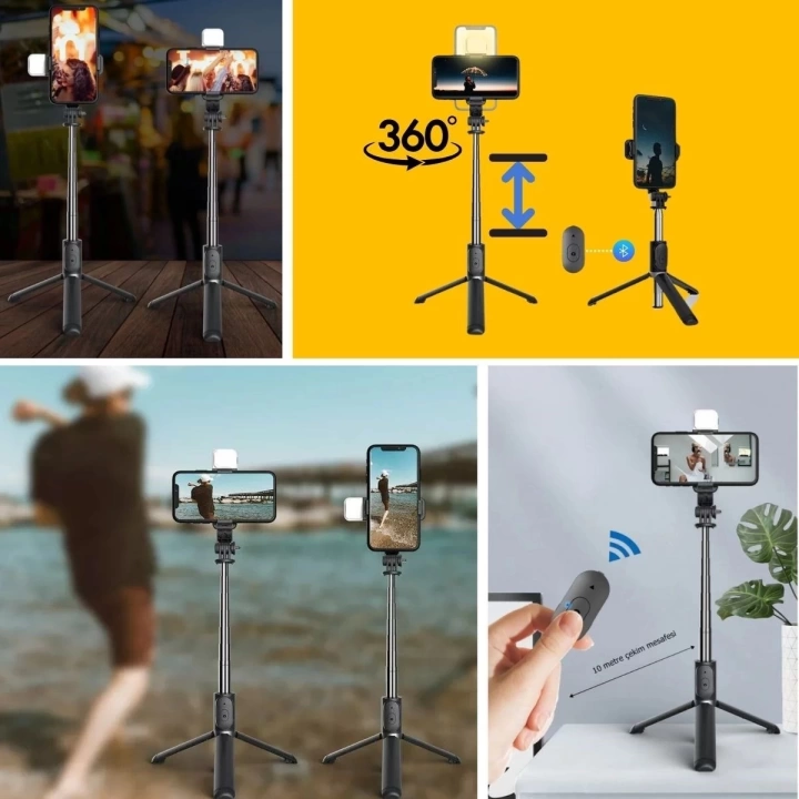 BFS  Kendiliğinden Işıklı Masaüstü Tripod Olabilen Telefon Tutuculu Kablosuz Kumandalı Selfie Çubuğu