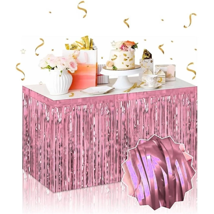BFS  Kendinden Yapışkanlı Rose Gold Metalize Püsküllü Masa Eteği – 75 x 275 cm Parti Süslemesi