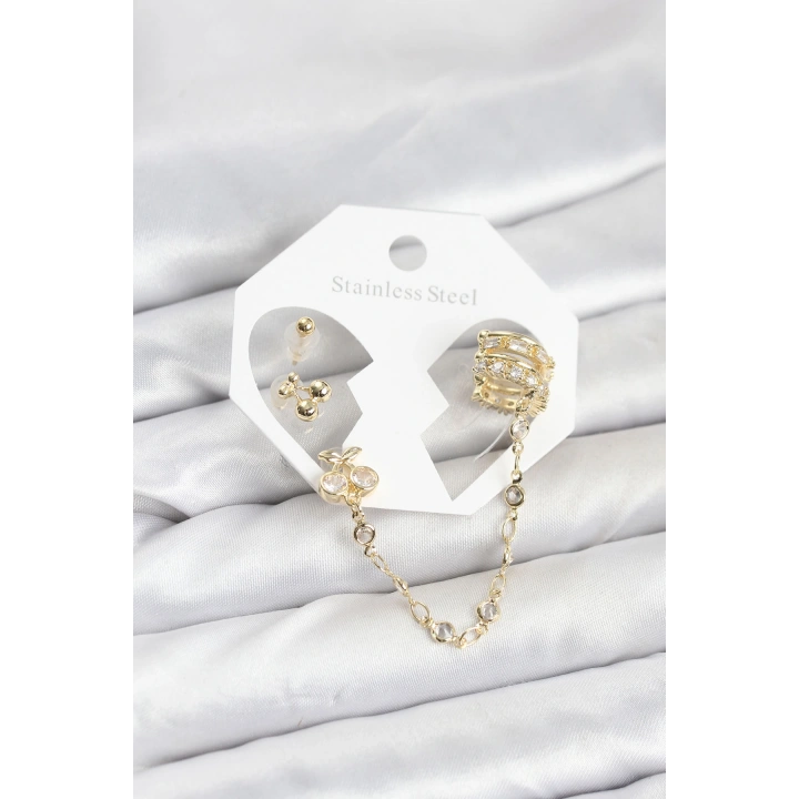 BFS Kiraz Model Pirinç Gold Renk Zincir Bağlantılı Ear Cuff Küpe Seti
