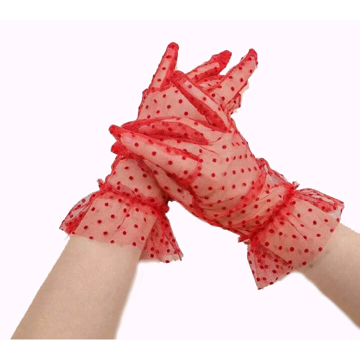 BFS   Kısa Boy Güpürlü Kırmızı Puantiyeli Tül Eldiven Kırmızı Renk
