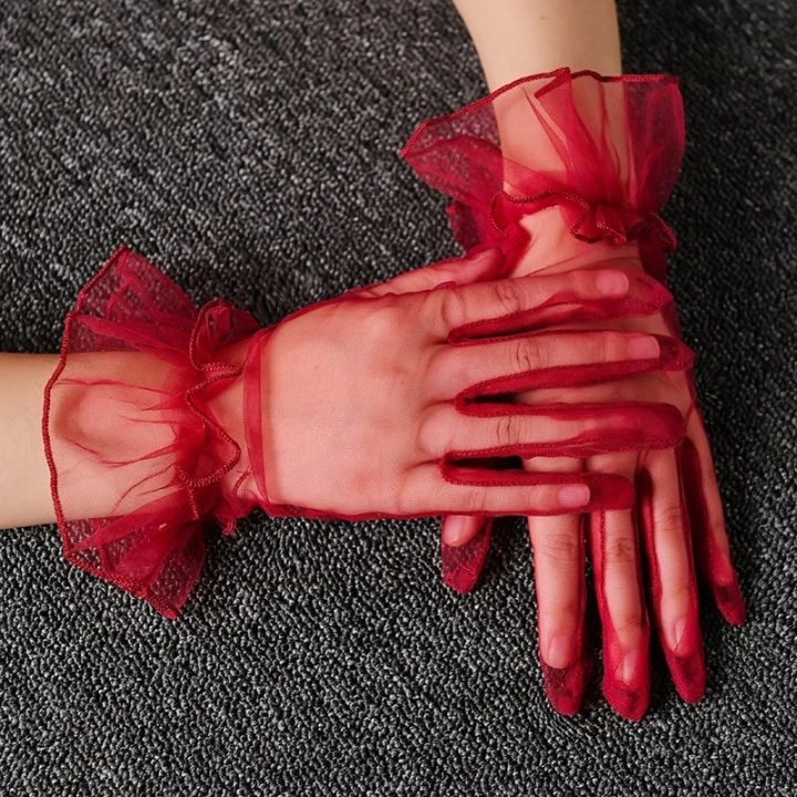 BFS     Kısa Boy Likralı Güpürlü Yetişkin Tül Eldiven Kırmızı Renk