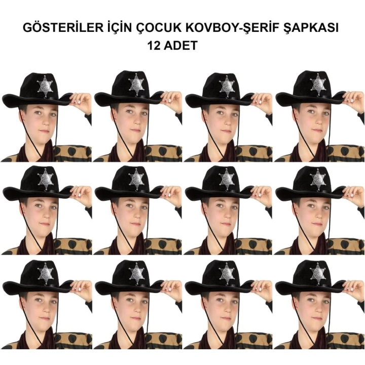 BFS   Kovboy Şerif Şapkası Siyah 12 Adet - Kostüm, Parti ve Gösteri Şapkası