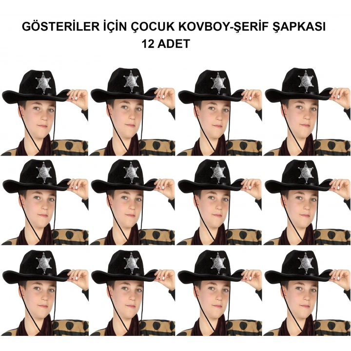 BFS Kovboy Şerif Şapkası Siyah 12 Adet - Kostüm, Parti Ve Gösteri Şapkası