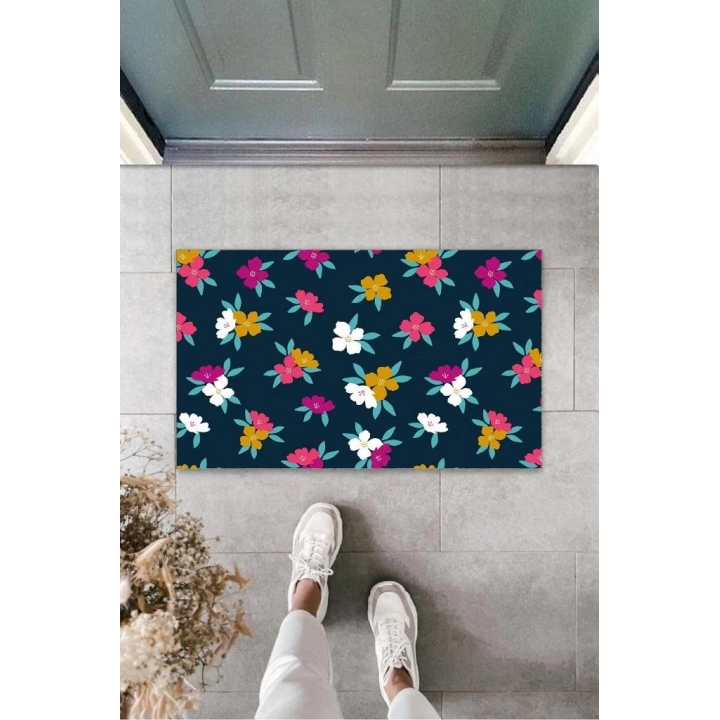 BFS Koyu Pembe Kapı Önü Paspası Çiçekler Desen  K-3251