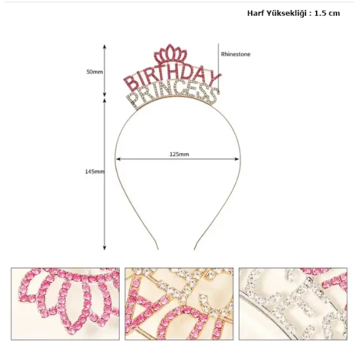 BFS   Kristal Taşlı Pembe Birthday Princess Yazılı Parti Tacı 19x11 cm