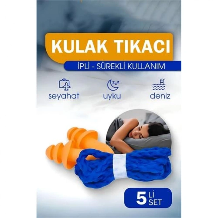 BFS  Kulak Tıkacı - İpli Silikon Kulak Tıkacı Seyahat Deniz Uyku Kulak Tıkacı 5 li SET
