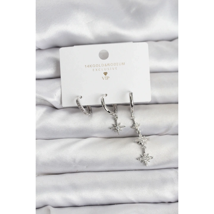 BFS Kutup Yıldızı Model Gümüş Renk Pirinç 3lü Kadın Küpe Seti