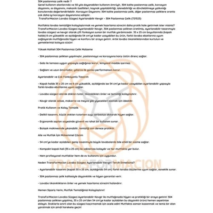 BFS Lavabo Süzgeci Ayarlanabilir Kevgir 304 Paslanmaz Çelik