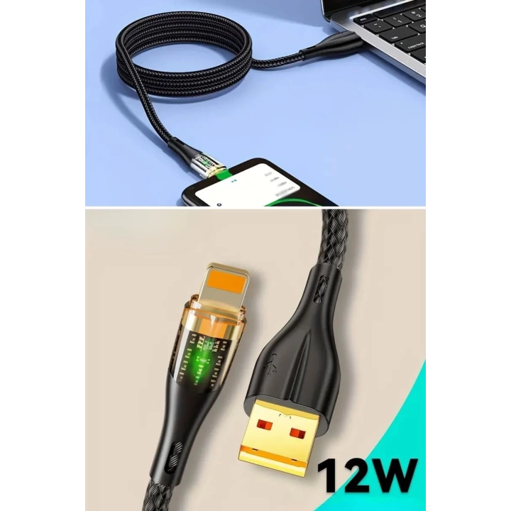 BFS  Led Işık Uçlu Sağlam İp Kablolu USB to Lightning Hızlı Şarj Kablosu
