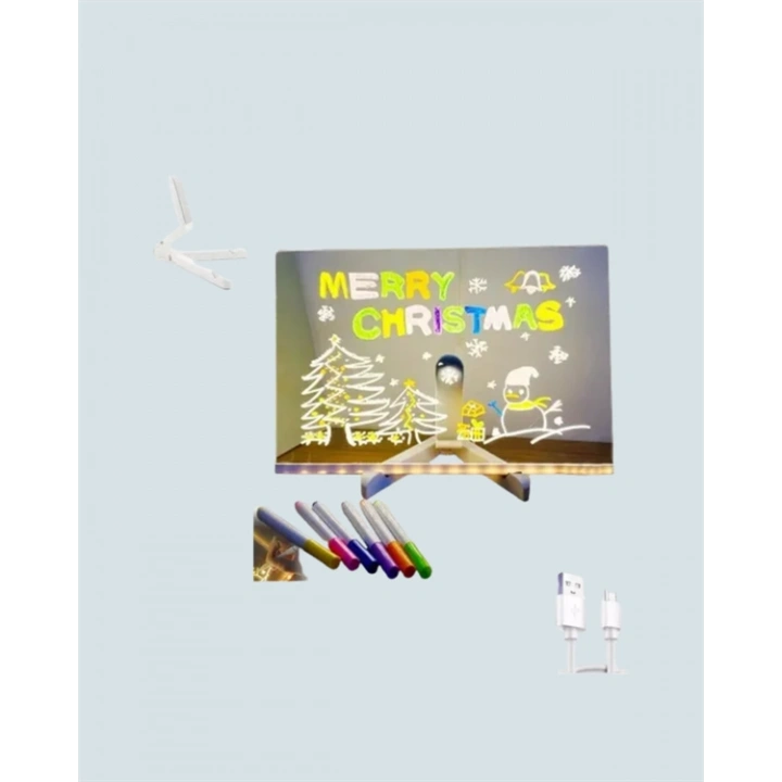 BFS LED Işıklı Şeffaf Yazı Tahtası – Neon Etkili Akrilik Pano, Silinebilir, 7 Renkli Kalemli, 30x20 cm