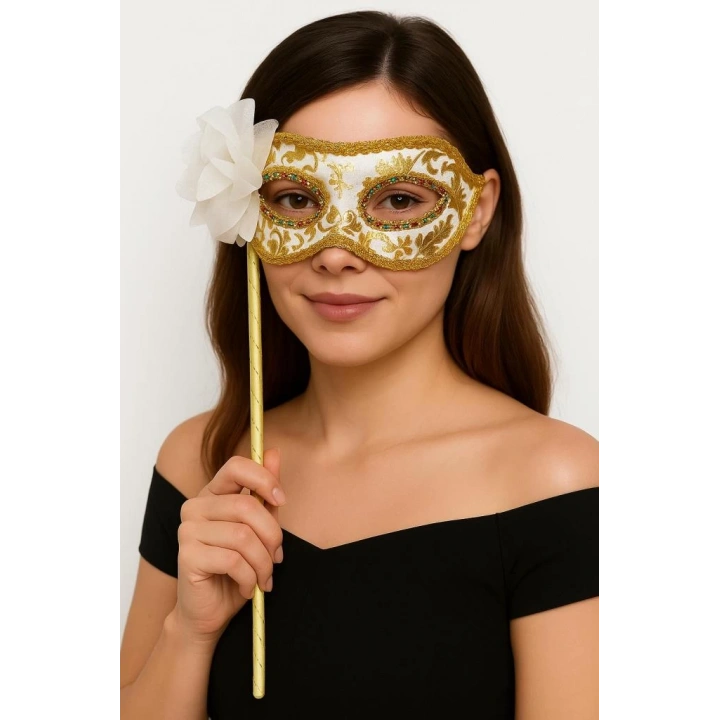 BFS   Lüks Taşlı Saplı Maskeli Balo Maskesi Beyaz Renk 35 cm