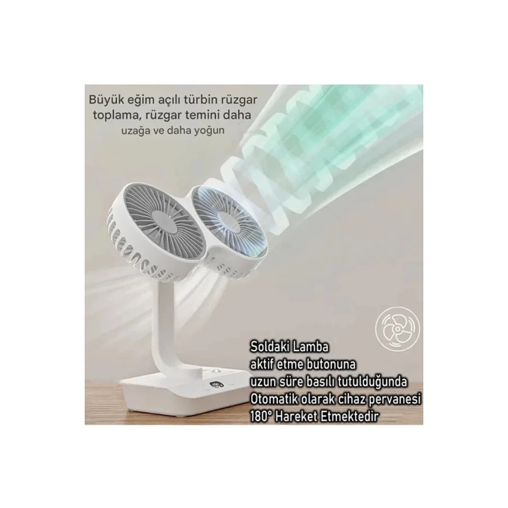 BFS Masaüstü Dijital Ekranlı Çift Fanlı Led Işıklı Soğutucu Fan Ev Ofis Şarjlı Vantilatör