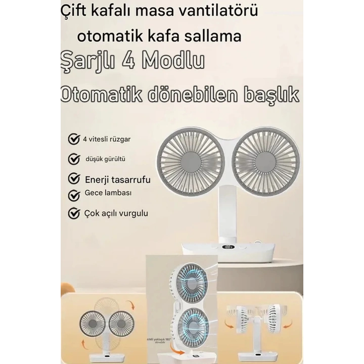 BFS Masaüstü Dijital Ekranlı Çift Fanlı Led Işıklı Soğutucu Fan Ev Ofis Şarjlı Vantilatör
