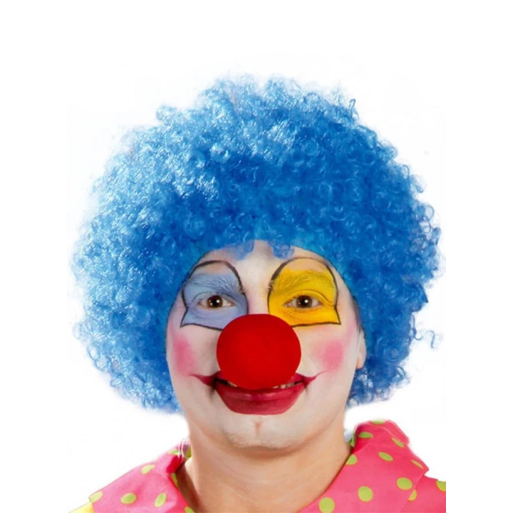 BFS     Mavi Renk Kıvırcık Afro Bonus Peruk Takma Saç ve Kırmızı Burun Seti