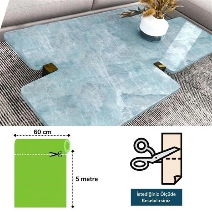 BFS  Mermer Desenli Masa Tezgah Mutfak Su Geçirmez Yapışkanlı Folyo Sticker Mavi 5x0,6m