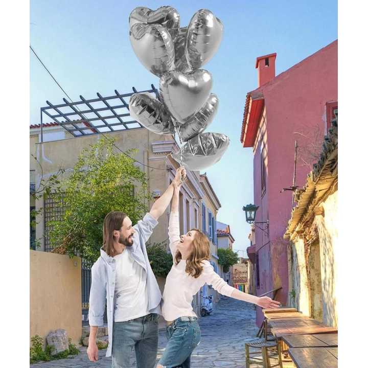 BFS   Metalize Parlak Gümüş Şekilli Kalp Uçan Balon Folyo 45 cm 10 Adet