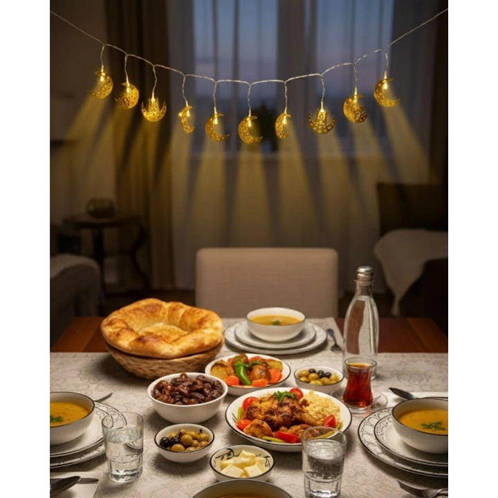 BFS Minareli Hilal LED Işık Gold Metal Gövdeli Pilli Ramazan Dekoru