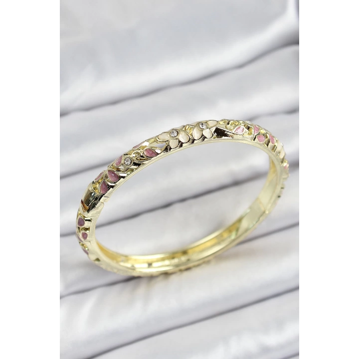 BFS Mineli Pirinç Gold Renk Pembe Çiçek Desen Motifli Kadın Kelepçe