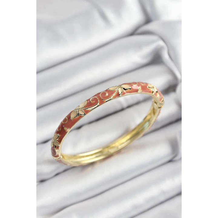 BFS Mineli Pirinç Krem Çiçek Motifli Gold Renk Kadın Kelepçe