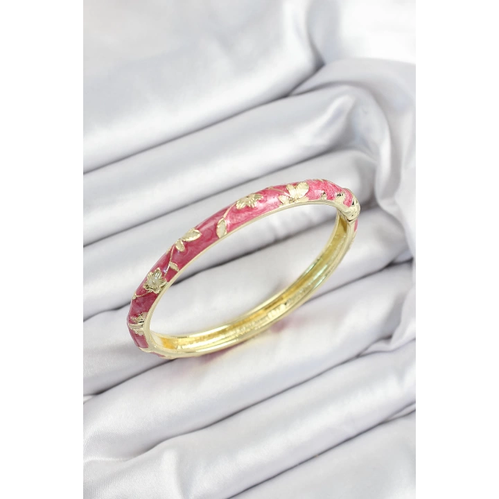 BFS Mineli Pirinç Pembe Çiçek Motifli Gold Renk Kadın Kelepçe