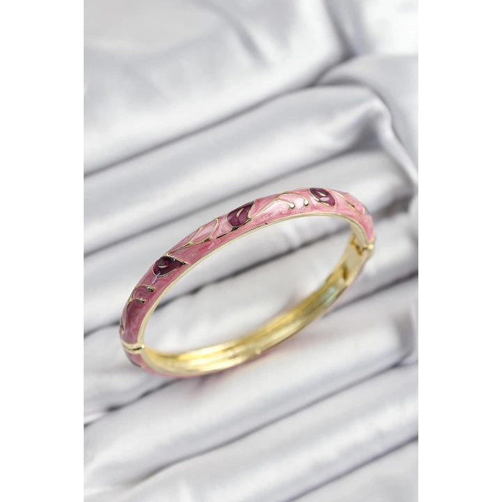 BFS Mineli Pirinç Pembe Ve Fuşya Yaprak Motifli Gold Renk Kadın Kelepçe
