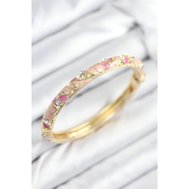 BFS Mineli Pirinç Zirkon Taşlı Pembe Çiçek Motifli Gold Kadın Kelepçe
