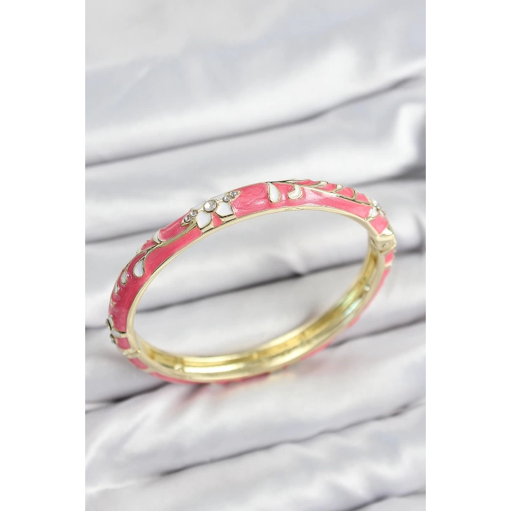 BFS Mineli Pirinç Zirkon Taşlı Pembe Çiçek Motifli Gold Kadın Kelepçe