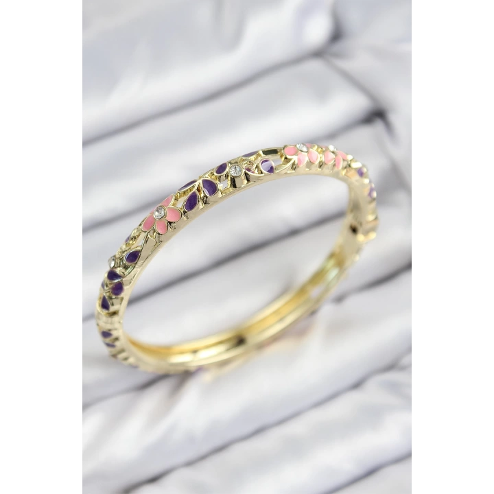 BFS Mineli Pirinç Zirkon Taşlı Pembe Mor Çiçek Motifli Gold Kadın Kelepçe