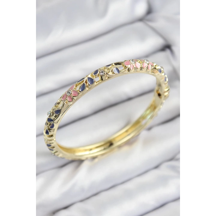 BFS Mineli Pirinç Zirkon Taşlı Pembe Mor Çiçek Motifli Gold Kadın Kelepçe