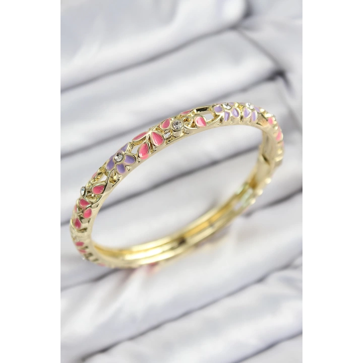 BFS Mineli Pirinç Zirkon Taşlı Pembe Mor Çiçek Motifli Gold Kadın Kelepçe