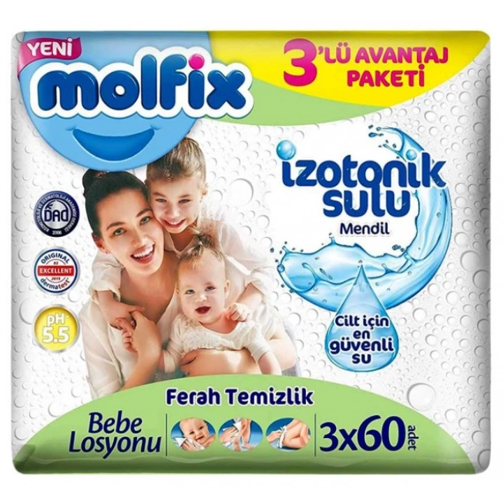 BFS   Molfix İzotonik Sulu Ferah Temizlik Islak Havlu Mendil 3Lü 180 Yaprak