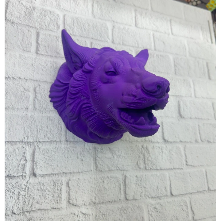 BFS Mor Renk 3D Kurt Başı Duvar Dekoru Asılabilir Maskot Heykel 25x19 cm