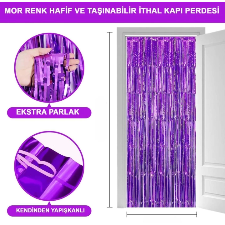 BFS     Mor Renk Ekstra Metalize Parlak Saçaklı Arka Fon Perde İthal A Kalite 1x2 Metre