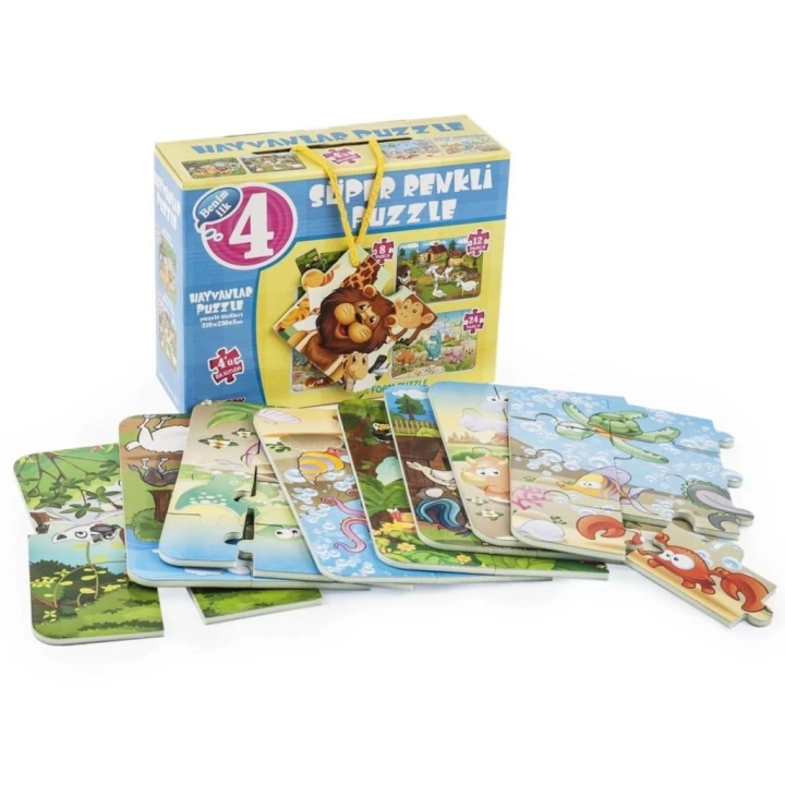 BFS Nessiworld 1481 DıyToy Süper Renkli 4lü Puzzle - Hayvanlar / 8+12+16+24 Parça Puzzle