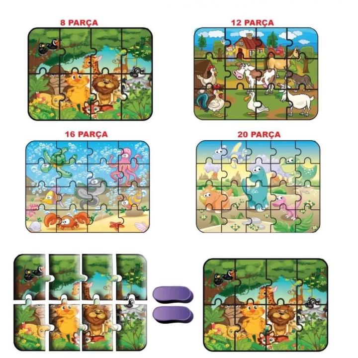 BFS Nessiworld 1481 DıyToy Süper Renkli 4lü Puzzle - Hayvanlar / 8+12+16+24 Parça Puzzle
